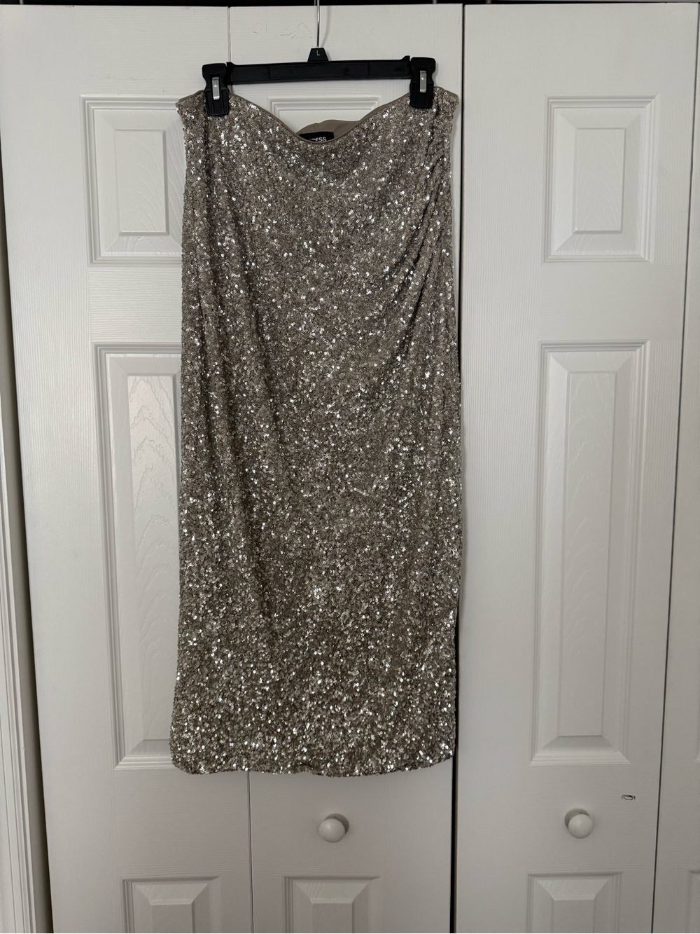 Express Sequined Strapless Evening MIDI Skirt in Silver